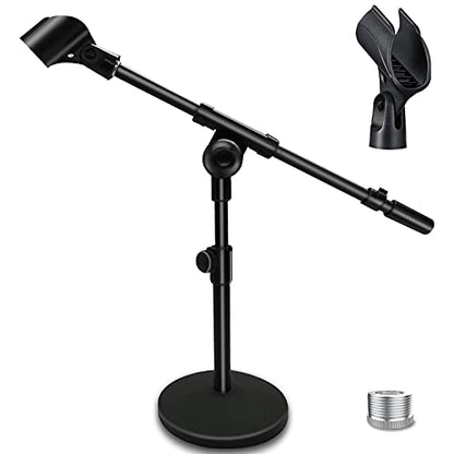 Adjustable Desktop Mic Stand, Desk Stand Tabletop Table Top Microphone Stand with Mic Clip for Handheld Microphone, Boom Arm, 5/8" Male to 3/8" Female Screw Adapter