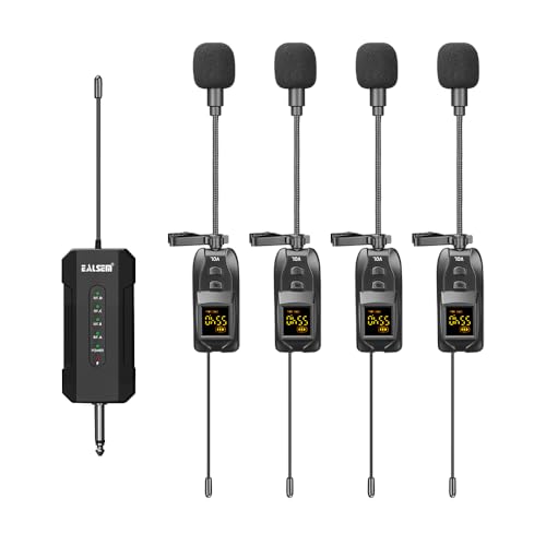 ES-384 4-Channel UHF Wireless Lavalier Microphone System for Church, Meetings, Teaching and Events, 4 Lapel Mics with 6.35mm Plug-in Rechargeable Receiver, 164ft Range