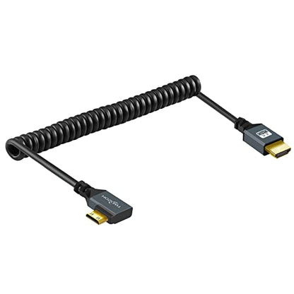 Twozoh Left Angled Coiled Mini HDMI to HDMI Cable, 90° Degree Mini HDMI to HDMI Coiled Cable Support 3D/4K 1080P Stretched Length to 1.5M / 5FT - size: 5 ft, style: Left Angled 1-Pack
