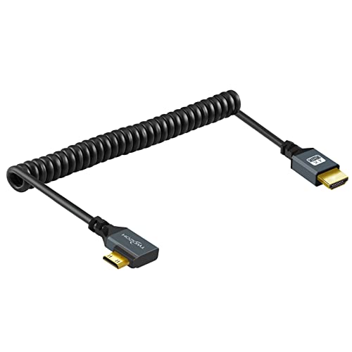 Twozoh Left Angled Coiled Mini HDMI to HDMI Cable, 90° Degree Mini HDMI to HDMI Coiled Cable Support 3D/4K 1080P Stretched Length to 1.5M / 5FT - size: 5 ft, style: Left Angled 1-Pack