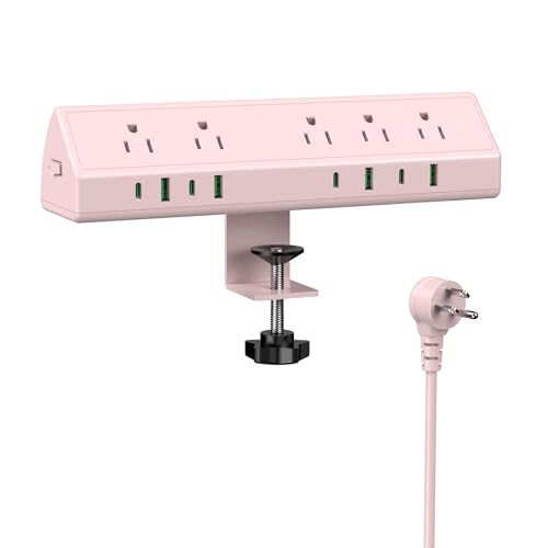 Jgstkcity Desk Clamp Power Strip,45W Fast Charging Station,4 USB-C,4 USB-A,1200J Surge Protector,ETL Listed,1875W Extension Cord,Multiple Outlets for Home, Office (Pink, 10 FT Cable) - color: Pink, size: 10 FT Cable