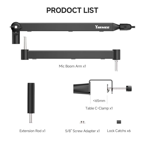 Mic Arm with 3.95" Extension Rod, Low Profile Mic Stand, Cable Management, 360° Rotatable Boom Arm with C-Clamp, 3/8" to 5/8" Metal Screw