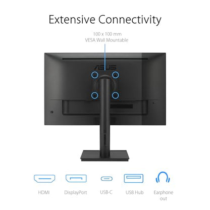 ASUS 27” 4K Business Monitor (VA27UCPS) - UHD (3840 x 2160), IPS, 99% sRGB, HDR-10, USB-C PD65W, USB Hub, Speakers, Eye Care, Ergonomic, VESA Wall Mountable, Green Sustainability, 3 yr Warranty - style: 27" 4K USB-C
