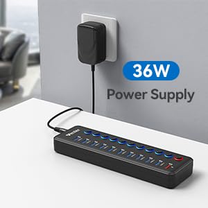 Powered USB Hub, Wenter 11-Port USB Splitter Hub (10 Faster Data Transfer Ports+ 1 Smart Charging Port) with Individual LED On/Off Switches, USB Hub 3.0 Powered with Power Adapter for Mac, PC - size: Plastic 10+1 Powered USB Hub