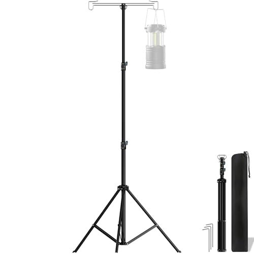 Telescopic Height Adjustable Camping Lantern Tripod Stand | 2-Hook Lantern / Light Hanger Holder for Outdoor Camping Tent RV, Night Fishing & Patio - size: 6ft 11"