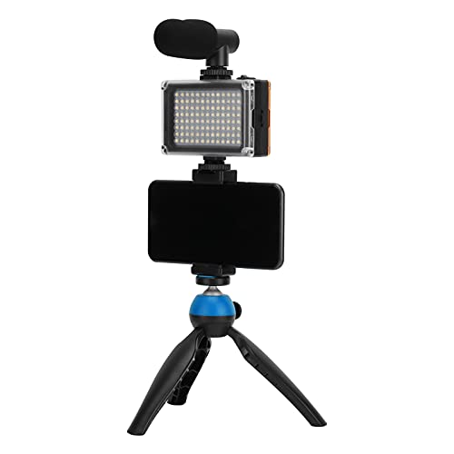 Portable Live Video Kit, Mobile Phone Photography Set with Fill Light Microphone Tripod and Phone Holder for Vlogging Live Streaming (Blue) - color: Blue