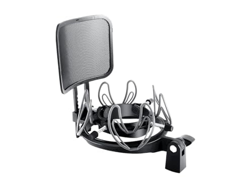 Universal Microphone Shock Mount with Pop Filter for Condenser Microphones Size at 21-62mm Anti-Vibration Mic Holder Clip(Black) - style: Black