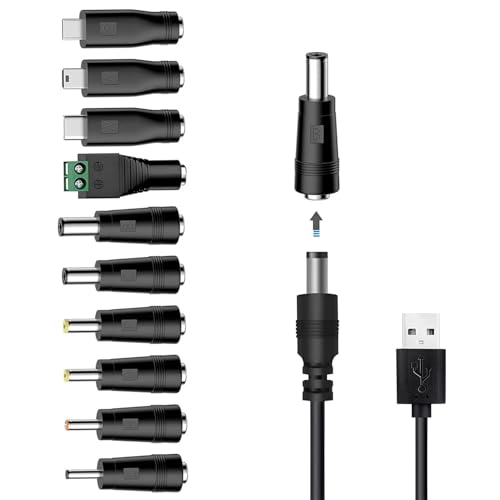 Universal Charger Power Cable, 5V USB to DC 5.5x2.1mm,with 10 Connectors (Micro-USB, Type-C, Mini USB, 2.5x0.7, 3.0x1.1, 3.5x1.35...) for Lamp,Mini Fan, Camera,Mobile Phone, USB Power Bank Charging