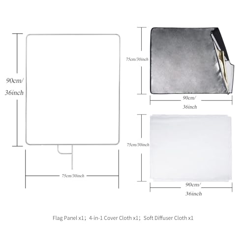 30"x36"/75x90cm Light Reflector Flag Panel Kit, 5-in-1 Diffusion Scrim Translucent/Gold/Silver/Black/White Lighting Diffuser, Stainless Steel Foldable Frame for Studio Portrait Photography