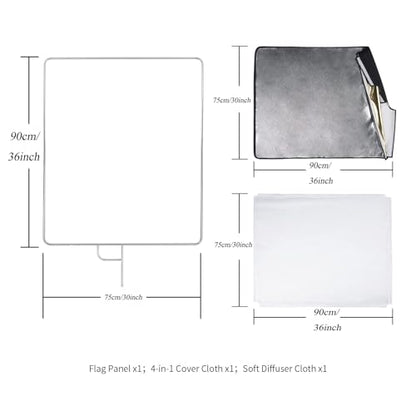 30"x36"/75x90cm Light Reflector Flag Panel Kit, 5-in-1 Diffusion Scrim Translucent/Gold/Silver/Black/White Lighting Diffuser, Stainless Steel Foldable Frame for Studio Portrait Photography