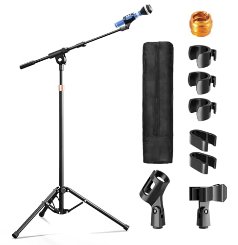 Mic Stand with Boom Arm, Heavy Duty Tripod Microphone Stand Floor Holder Height Adjustable with Carrying Bag and 2 Mics Clips for Singing Performance, Home Studio Recording, Podcast and Stage