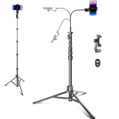 CAMBOFOTO 82" Phone Tripod Stand with Gooseneck, Remote and Phone Holder, Selfie Stick & Overhead Tripod for Recording/Cooking/Fitness/Vlog, Compatible with iPhone Android Samsung, Camera