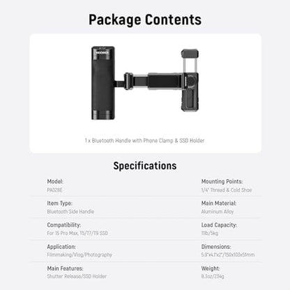 NEEWER Bluetooth Side Handle Shutter Release with 2.2"-3.2"/55-82mm 360° Phone Clamp & SSD Holder, Cold Shoes, 100mAh Rechargeable Battery Compatible with iPhone Samsung T5/T7/T9 SSD, PA028E