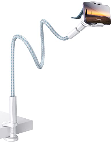 Lamicall Gooseneck Phone Holder Bed - [Nylon Braided] Flexible Arm, Overall Length 38inch, 360 Adjustable Clamp Clip, Overhead Cell Phone Mount Stand for Bed, Desk, White & Blue - color: White