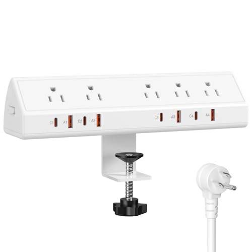 Desk Clamp Power Strip 65W Fast Charging Station,4 PD USB-C,5 Outlets,Nightstand Desk Edge Mount Tower Surge Protector,15 Amp Heavy Duty Power Strip,Fits 1.96" Tabletop Edge (White, 6 FT Cable) - color: White, size: 6 FT Cable