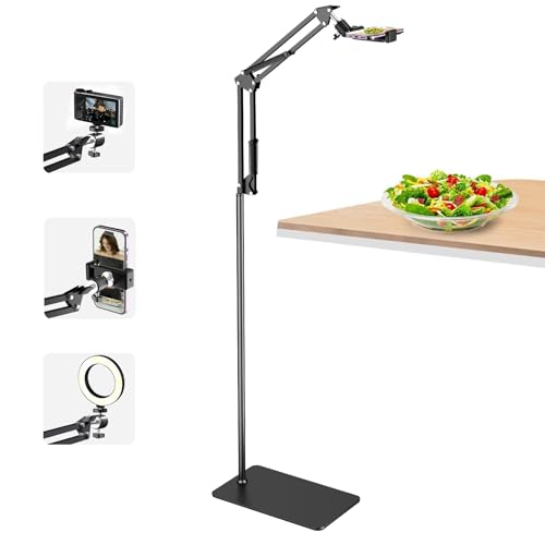 Floor Overhead Phone Mount, Phone Tripod Stand for Video Recording, Arm Holder Compatible with iPhone Camera with 1/4”Screw for Filming, Food Photograhy, Live Content Creation