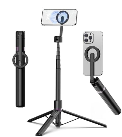 TONEOF 68" Magnetic Selfie Stick Tripod with Aluminum Strong Magnetic Holder for Magsafe, 360° Rotatable Travel Phone Tripod Stand with Metal Ring & Rechargeable Remote for iPhone/Android（Black） - color: Black