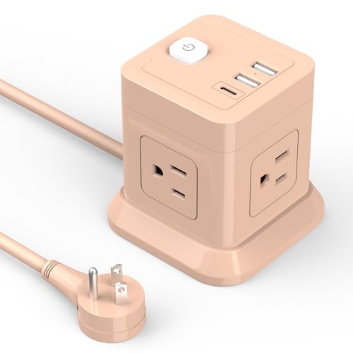 Cube Power Strip, FDTEK 4 Widely Spaced Outlet with 3 USB (1 USB C) Flat Plug Power Strips with Long Extension Cords Space Save Compact Portable for Travel Home Office Cruise ETL Listed (Pink) - color: Pink, size: 5FT