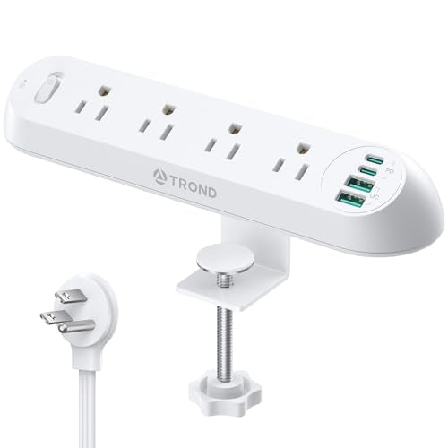 TROND Desk Clamp Power Strip 20W USB C, Surge Protector with 4 Outlets 4 USB Ports, Flat Plug 6ft Extension Cord, 1700J, ETL Listed, Fits 1.97 inch Tabletop Edge, for Home Office Accessories, White - color: White, size: 6FT (4 Outlets & 4 USB Ports)