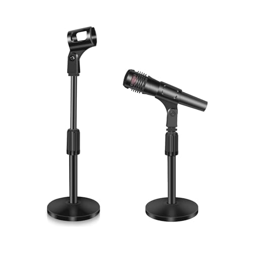 2 Pack Small Microphone Stand Desk, Desktop Mic Stand Adjustable Microphone Holder Lightweight Table Mic Stand with Mic Clip for Blue Yeti Shure Microphone, without Microphone - size: 2 Pack （10-14 Inch）