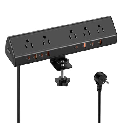 VILONG Desk Clamp Power Strip,65W Total Fast Charging Station,Desk Edge Mount Power Strip,8 USB Ports (4 USB C) & 5 AC Outlets,1200J Surge Protector (Black, 6, Feet, Power Strip) - color: Black