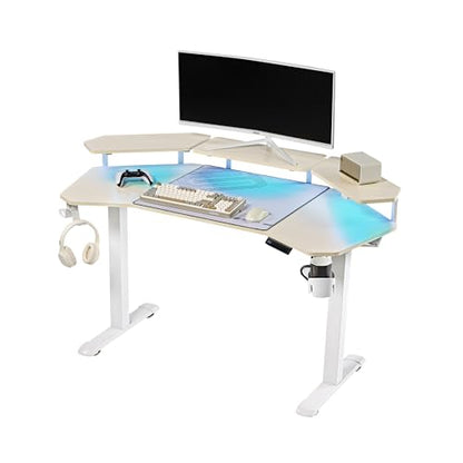 EUREKA ERGONOMIC Aero 55 Inch W Shaped Electric Standing Desk, Height Adjustable Computer Gaming Desk with LED Monitor Shelf, Mouse Pad, Headphone Hook, Cup Holder, Natural Maple - color: Maple, size: 55"W x 35"H-Adjustable