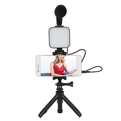 Smartphone Vlogging Kit with Microphone, Fill Light and Tripod, Phone Video Recording Kit for Live Broadcast, YouTube Vlog, Compatible with 5.5-8cm Phones, Includes 360° Rotatabl