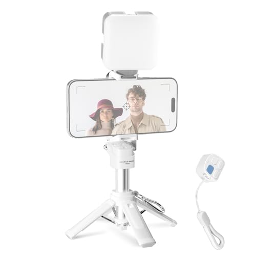 NEEWER Mini Tripod for Phone, Lightweight Foldable Small Selfie Stick Cell Phone Clamp Desk Stand with Remote & Cold Shoe Mounts Compatible with iPhone Android Samsung for Video Recording, PA986 White - color: White