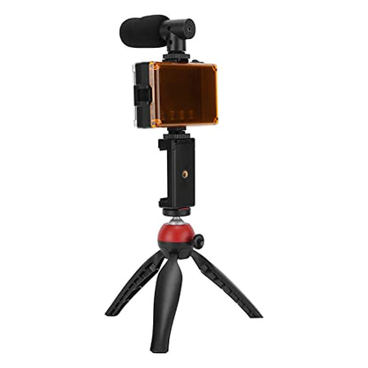 Portable Live Video Kit with Fill Light, Cardioid Microphone, Tripod, Phone Holder for Mobile Photography, Red. Compact Travel-Friendly Streaming Set fit Smartphones Content - color: Red