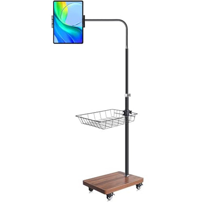 wishacc Adjustable Floor Tablet Stand with Rolling Base, Flexible Gooseneck Mount, Wood Platform, Mobile Device Holder for Indoor Use - size: 15.4 x 11 x 11 inches