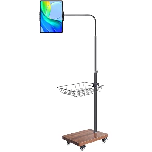 wishacc Adjustable Floor Tablet Stand with Rolling Base, Flexible Gooseneck Mount, Wood Platform, Mobile Device Holder for Indoor Use - size: 15.4 x 11 x 11 inches