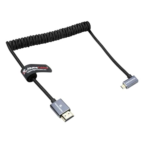 Alvin's Cables Right Angle Micro HDMI to HDMI Cable 8K@60Hz 4K@120Hz, Braided Coiled HDMI 2.1 for Sony A7RIII/A7II/A7M3, Canon R5/M6, Fujifilm X-T4/X-T3, GoPro, Nikon - Ultra Durable - color: Black, style: Right Angle micro HDMI