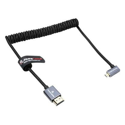 Alvin's Cables Right Angle Micro HDMI to HDMI Cable 8K@60Hz 4K@120Hz, Braided Coiled HDMI 2.1 for Sony A7RIII/A7II/A7M3, Canon R5/M6, Fujifilm X-T4/X-T3, GoPro, Nikon - Ultra Durable - color: Black, style: Right Angle micro HDMI