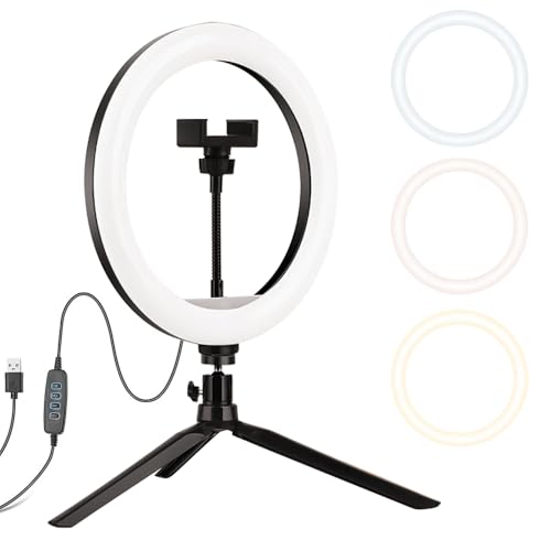 HomeBeyond 10" Selfie Ring Light with Tripod & Phone Holder – Dimmable LED Circle Light for Live Streaming, Makeup, YouTube & TikTok, Compatible with iOS/Android Phones, Black