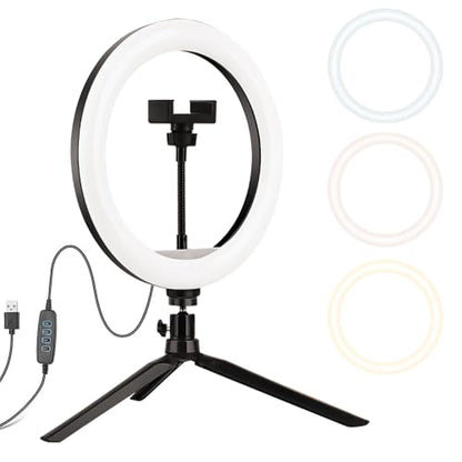 HomeBeyond 10" Selfie Ring Light with Tripod & Phone Holder – Dimmable LED Circle Light for Live Streaming, Makeup, YouTube & TikTok, Compatible with iOS/Android Phones, Black