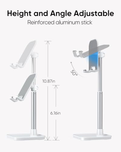 Cell Phone Stand, Adjustable Height Phone Stand for Desk, Eye Level Desktop Phone Holder Compatible with iPhone, Pro Max, Samsung, and All Mobile Phones up to 10'' - color: White