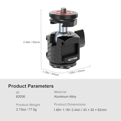 Mini Ball Head Tripod Head with Triple Cold Shoe Mount, Aluminum Tripod Ball Head Mount for DSLR Action Camera/Smartphone/LED Light/Mic/Tripod/Monopod/Light Stand/Cage, Max Load 8.8lb (62006)