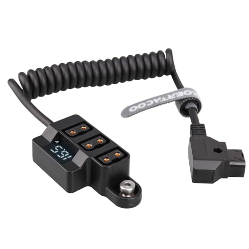 D-Tap 1×3 Power Splitter Adapter with Voltage Display & 1/4 Mounting Screws for V-Mount/Gold Mount Battery,Camera Cage,Video Transmission, Monitor, BMPCC 4K/6K, etc. (Coiled Cable Version)