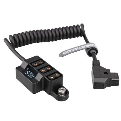 D-Tap 1×3 Power Splitter Adapter with Voltage Display & 1/4 Mounting Screws for V-Mount/Gold Mount Battery,Camera Cage,Video Transmission, Monitor, BMPCC 4K/6K, etc. (Coiled Cable Version)