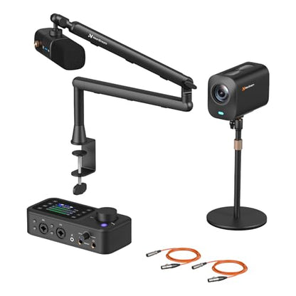 NearStream PodKit Solo, Podcasting Solo Kit with 1 VM20 4K Streaming Camera, 1 AM25X Microphone, 1 ST20 Boom Arm, 1 AMIX40U Audio Mixer, 1 Camera Desk Stand & 2 XLR Cables, for Livestream/Podacst - style: Podcasting Solo Kit