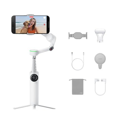 Insta360 Flow 2 Pro Creator Bundle White - Foldable AI Phone Gimbal, Apple DockKit, 360º Pan Tracking, Free Tilt Mode, Built-In Tripod/Selfie Stick, Portable Vlog/Travel Stabilizer, Spotlight, MagSafe - color: Summit White - Creator Bundle