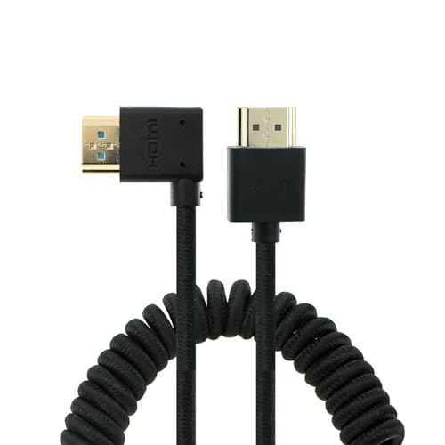 Uonecn Right Angle HDMI 2.1 Cable for Camera, 48Gbps 8K Braided Coiled HDMI for Atomos Ninja V, Portkeys BM5, Short HDMI Cable for Sony A7iv, Z-CAM F6, Z-Cam E2 Pro Cameras, Black, Left to Straight - color: Black, size: Straight to Left Angle