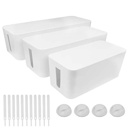DUNCHATY Cable Management Box 3 Pack - Cord Organizer Box for Desk TV Computer - Large Medium Small Power Strip Cover & Wire Hider - Child & Pet Safe ABS Cord Box with Cable Ties - White - color: White