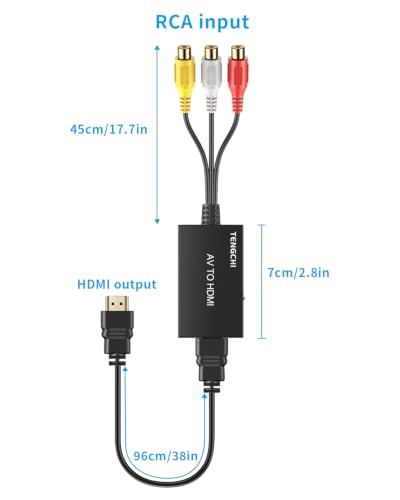 Tengchi RCA to HDMI Converter, Composite to HDMI Adapter Support 1080P PAL/NTSC Compatible with PS one, PS2, PS3, STB, Xbox, VHS, VCR, Blue-Ray DVD Players