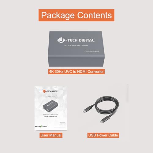 J-Tech Digital UVC to HDMI Converter Adapter 4K 30Hz, USB Camera to HDMI Output with On-Screen Controls, Live Streaming Support, Camera Charging, Works with UVC Webcams Capture Cards [JTECH-UHC-4K30]