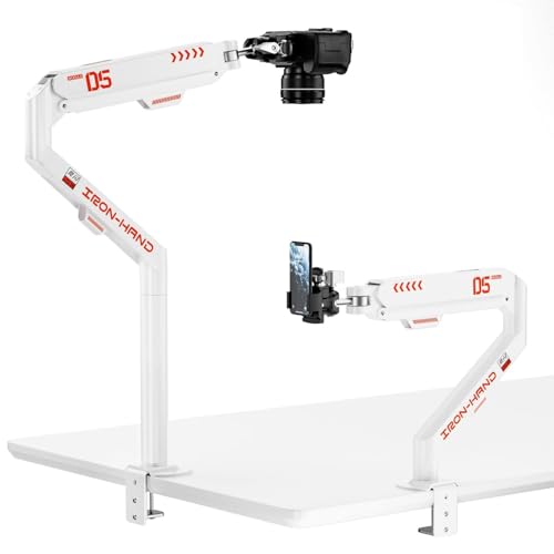JINRAIKO Overhead Camera Mount with 360° Adjustable Arm & Phone Holder for TikTok Live Streaming Photography Studio Content Creation, Desk Mount for for DSLR Camera/Webcam/Microphone, White - color: White