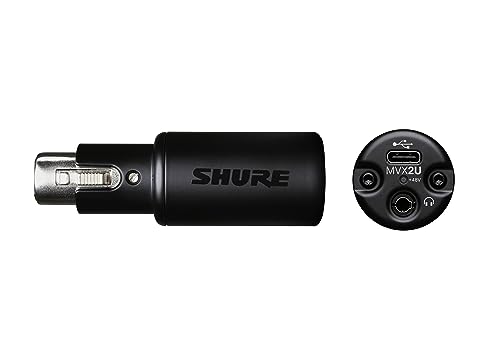 Shure MVX2U XLR-to-USB Digital Audio Interface, Headphone Jack, 60dB Gain, Zero-Latency Monitoring, 48V Phantom Power, ShurePlus App, USB-C Cable