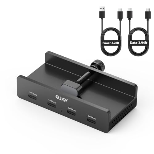 EJAY USB C Hub Clamp Mount, 4-Port 10Gbps USB 3.2 Hub Gen 2, Aluminum Clamp On USB Hub for Monitor & Desk, Dual Cable USB C Splitter Data Hub for Mac, PC, Desktop, Black