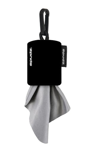 SPUDZ Ultra Microfiber Lens Cleaner with Closeable Bottom – Clip-On Pouch, Washable – for Binoculars, Scopes, Glasses, Screens | Ultra Black, 6 x 6 Inch