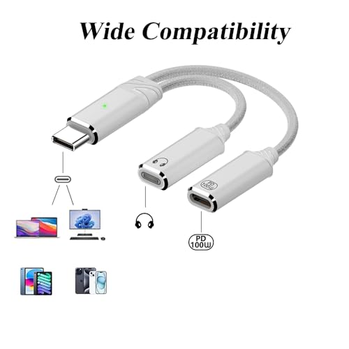 2-in-1 USB C to C Cable, PD 100W Charging & Audio Headphone Adapter with Microphone, Support USB 2.0(480Mbps) Data Transmission, Compatible with Phone, Laptop, Desktop and More